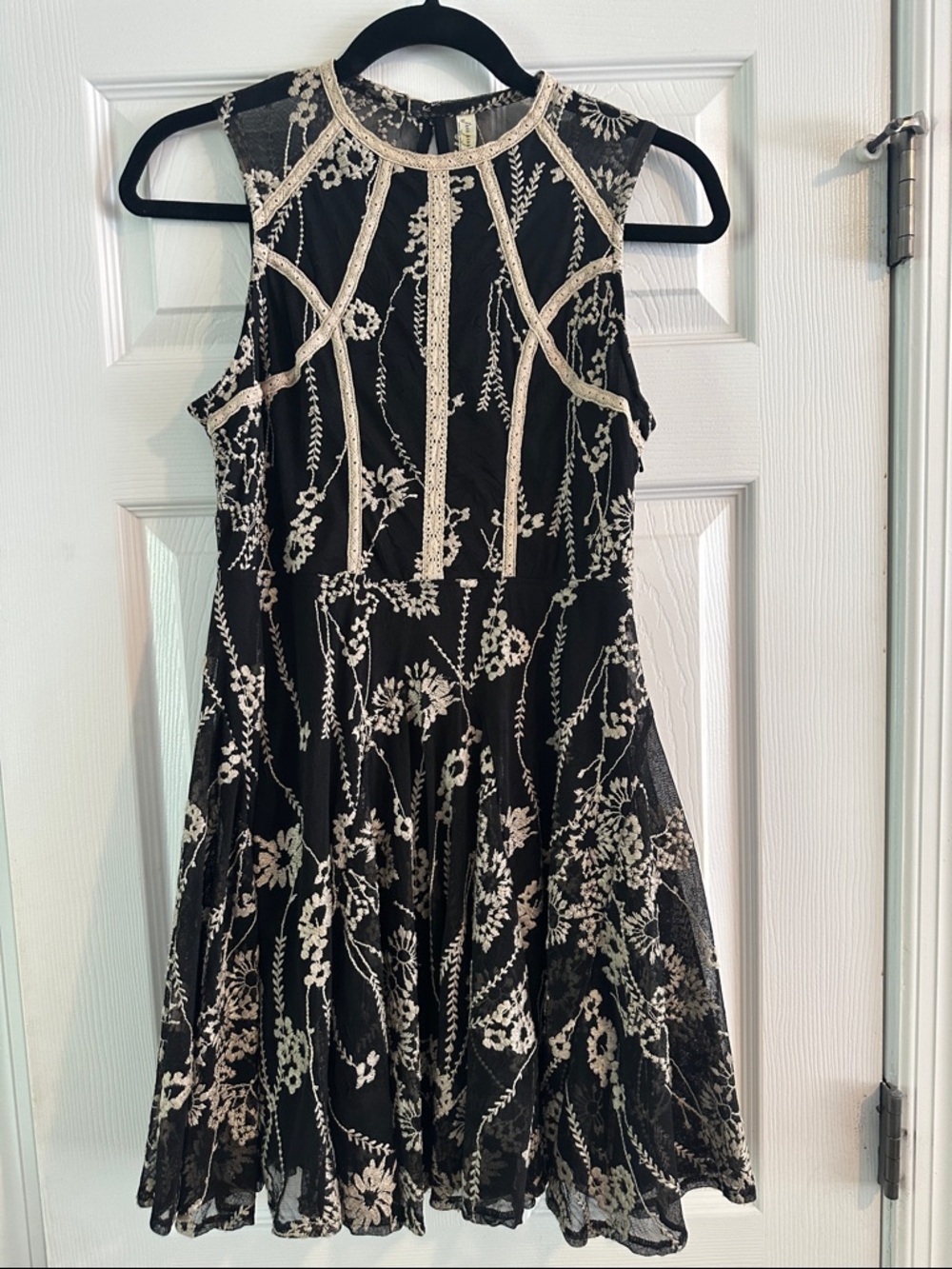 Free People Black Mini Fit & Flare Dress Tan Floral Embroidery Dark Fairy Whimsy